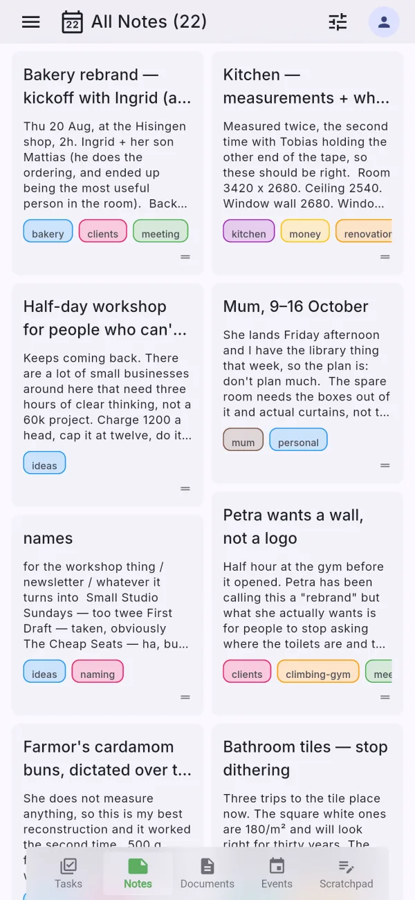 TASKjiq on an iPhone: notes as cards, with tags and colours