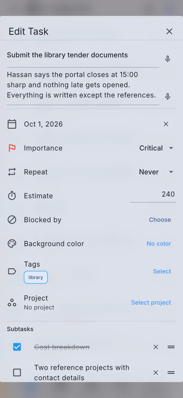 TASKjiq: Editing a task: date, importance, repeat, estimate