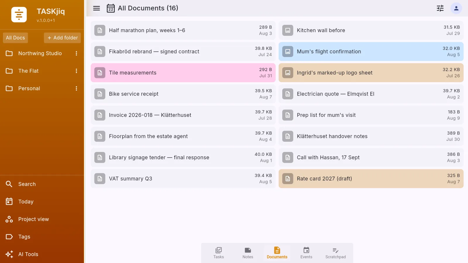 TASKjiq: Documents in folders, coloured as you choose