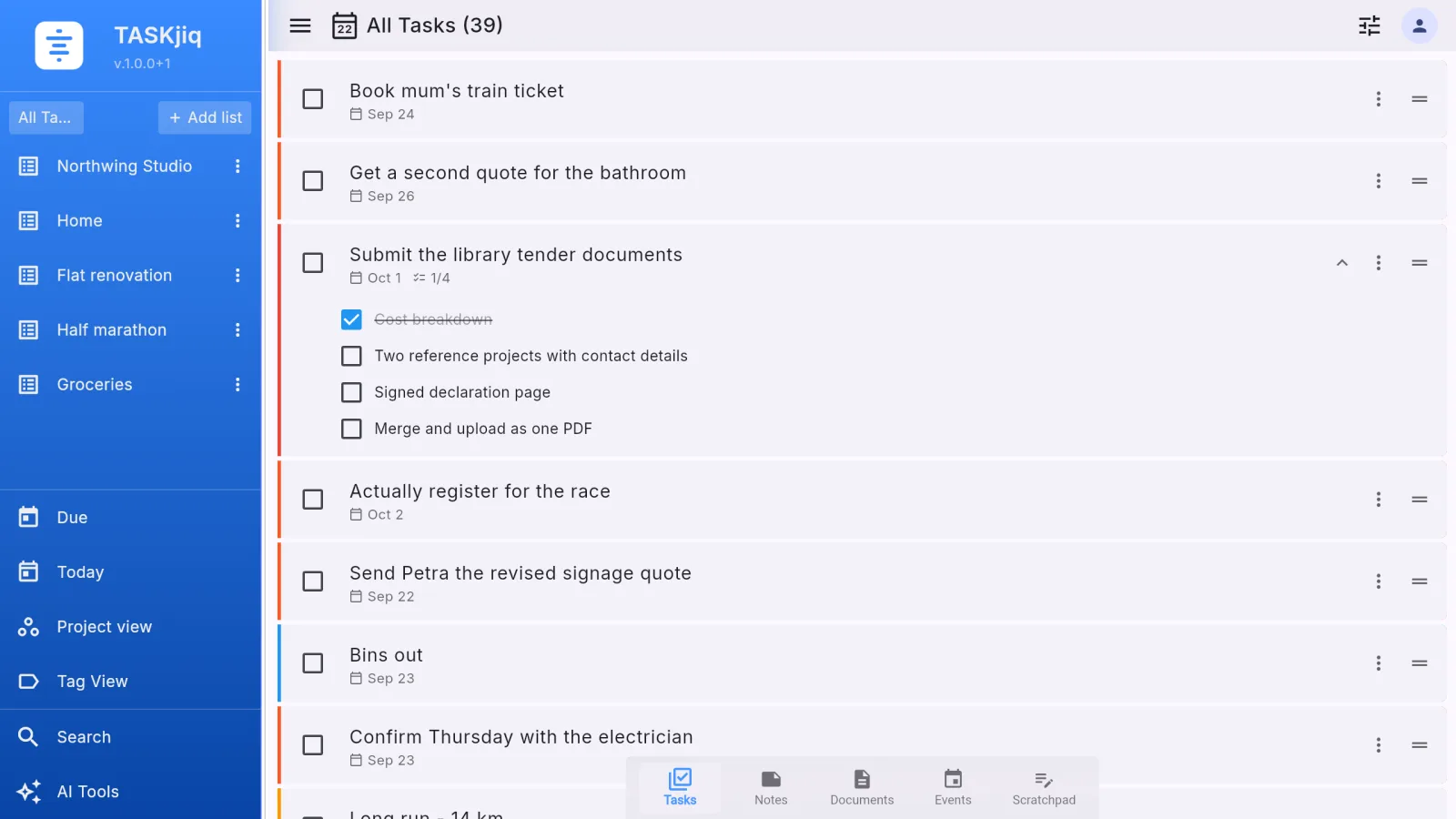 TASKjiq on a Mac: task lists in the sidebar, a list with subtasks open